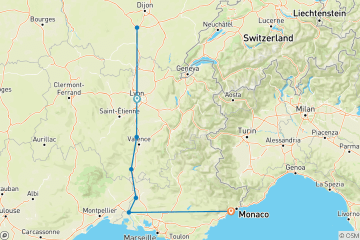 Carte du circuit Sensations de Lyon et de la Provence 2024|2025|2026 - 8 jours (from Lyon to Nice)