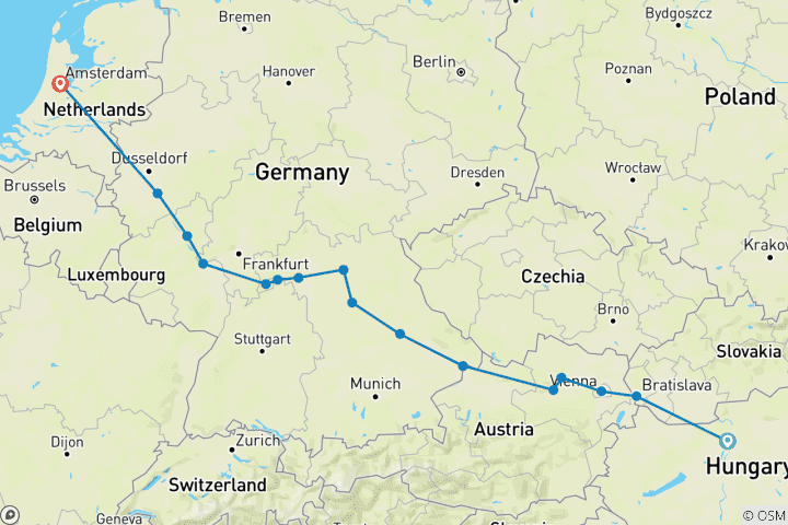 Map of Splendours of Europe 2025|2026 - 15 Days (from Budapest to Amsterdam)