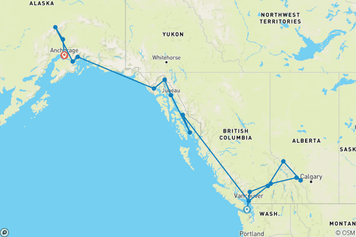 Karte von Naturwunder der Rocky Mountains und Alaska von Victoria nach Anchorage