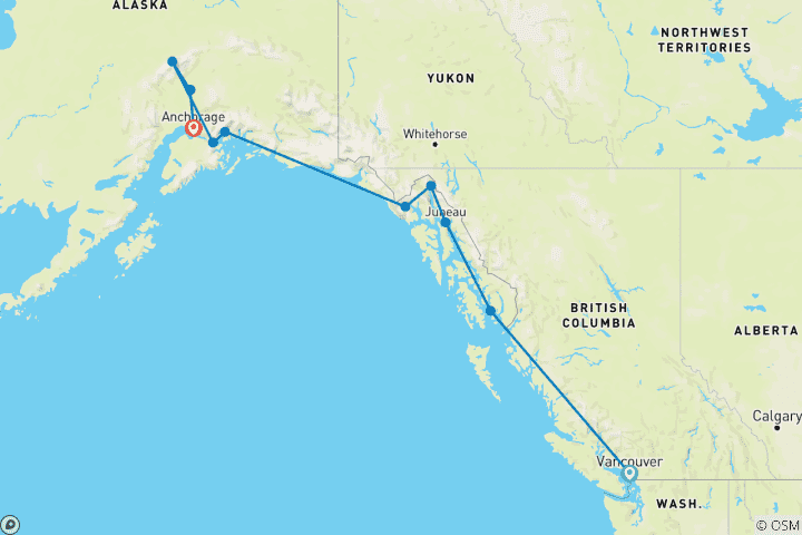 Carte du circuit Merveilles naturelles de l'Alaska Vancouver → Anchorage (2025)