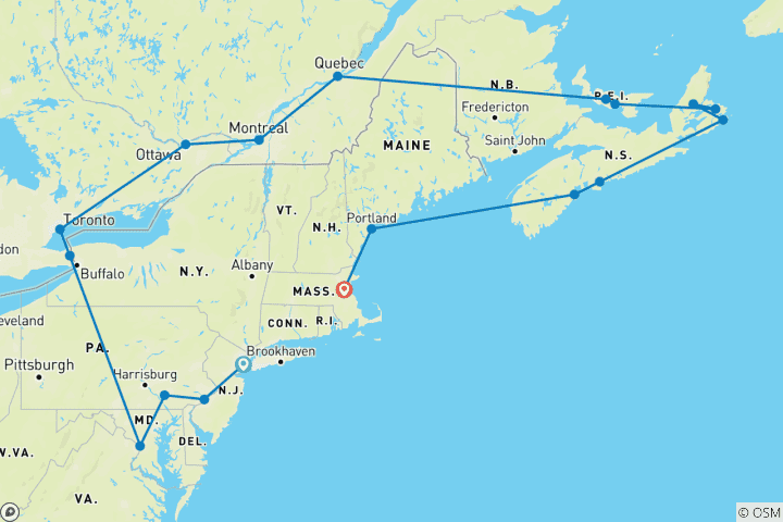 Carte du circuit Croisière dans l'est du Canada et aux États-Unis avec la Nouvelle-Angleterre New York → Boston (2025)