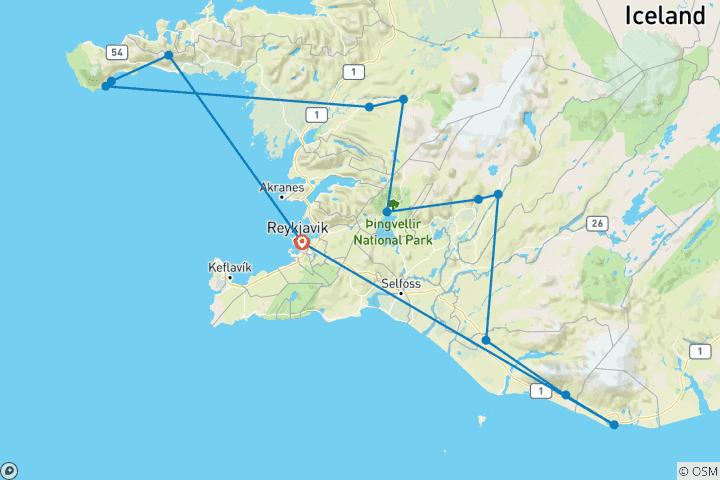 Carte du circuit 4 jours Cercle d'or privé, côte sud et Snæfellsnes (été)