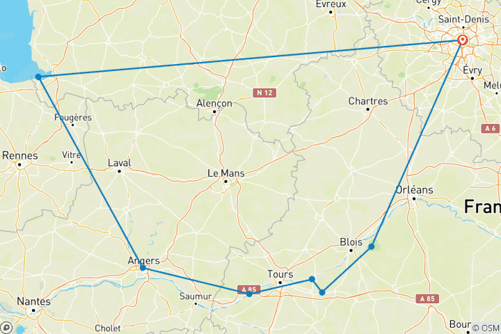 Kaart van 2 dagen Begeleide Trip naar Mont Saint –Michel, kastelen in de Loire vallei vanuit Parijs met HOTEL PICK UP (ML2F)