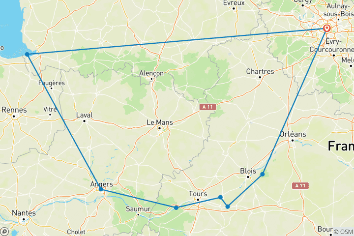 Carte du circuit Mont Saint-Michel et Châteaux de la Loire : Aventure guidée de 2 jours au départ de Paris avec prise en charge à l'hôtel