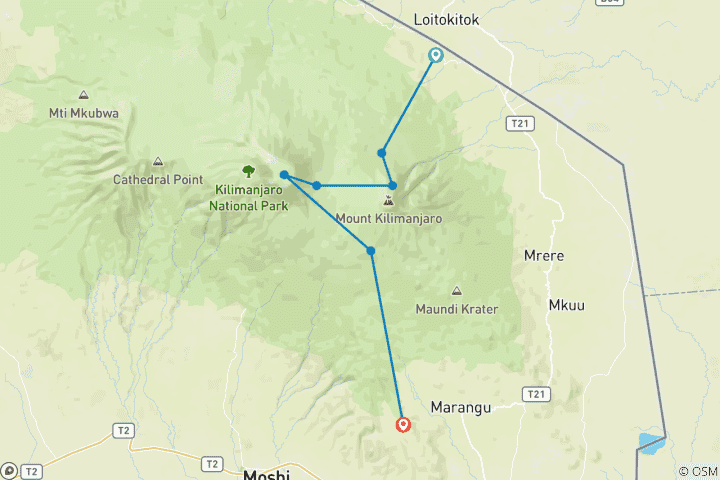 Carte du circuit 7 jours Route de Rongai - Kilimandjaro