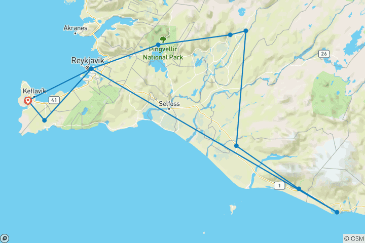 Carte du circuit 5 jours de visite privée de Reykjavik, du Cercle d'Or et de la Côte Sud (été)