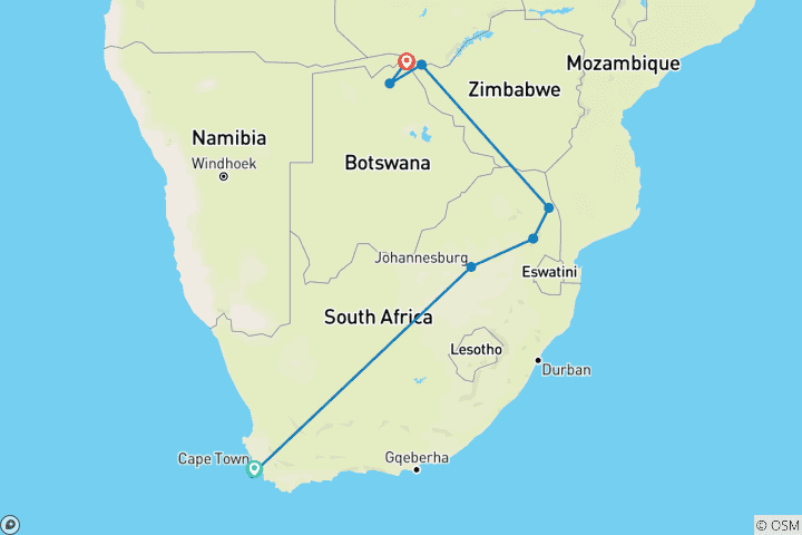 Map of Cape, Safari and Falls (11 Days, Intra Tour Tax Cape Town To Johannesburg)