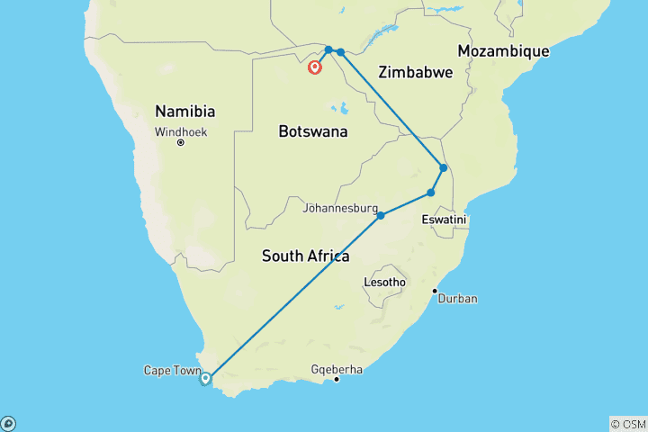 Carte du circuit Le Cap, le safari et les chutes (11 jours, prix du billet d'avion du Cap à Johannesburg)