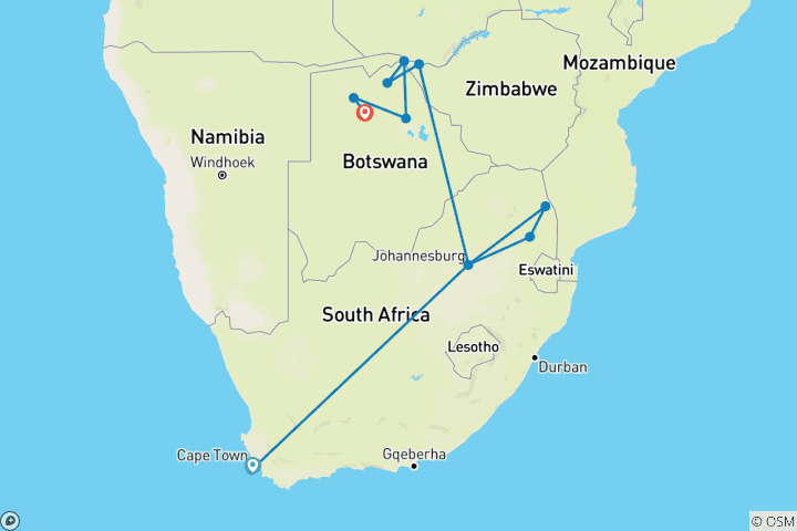 Map of Cape to Delta Safari (15 Days, Intra Tour Tax Cape Town To Johannesburg)