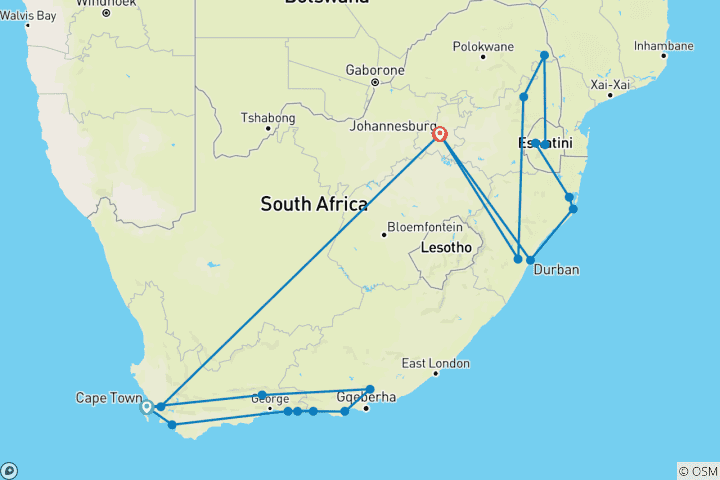 Carte du circuit Mer, Safari, Afrique du Sud (14 jours, Intra Tour Tax Cape Town To Johannesburg)