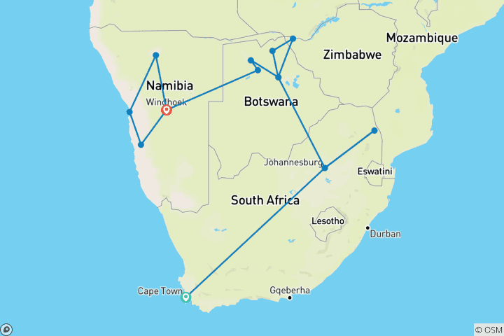 Carte du circuit Safari en Afrique australe