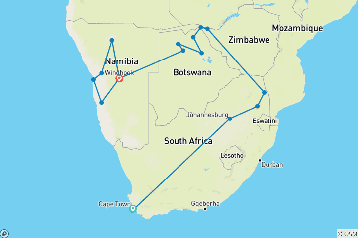 Map of Southern Africa Safari (21 Days, Air Price Cape Town To Johannesburg)