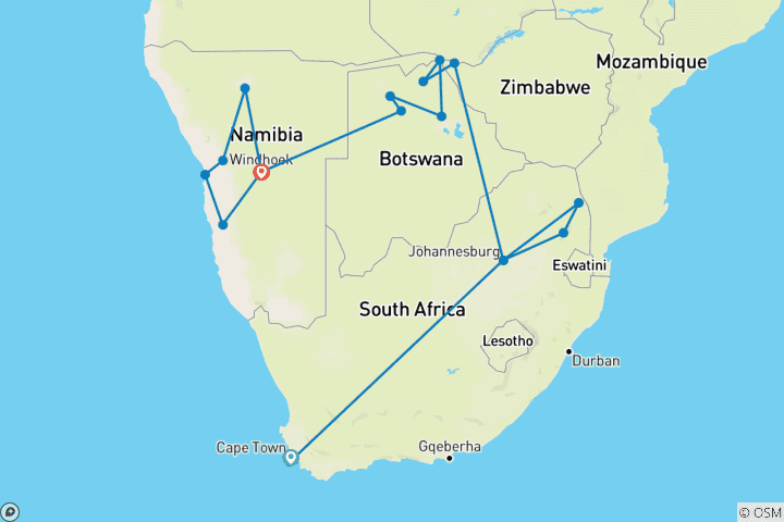 Kaart van Safari zuidelijk Afrika (21 dagen, Intra Tour Tax Kaapstad naar Johannesburg)