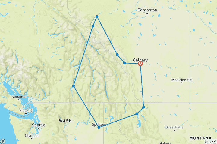 Map of North American Glaciers & National Parks (12 Days)