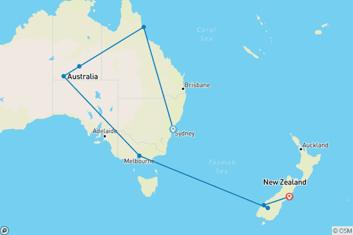 Carte du circuit De l'Outback australien à l'île du Sud de la Nouvelle-Zélande (de Sydney à Christchurch) (2025)