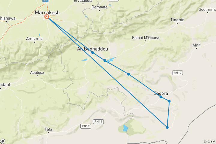 Carte du circuit Circuit de 2 jours dans le désert du Sahara depuis Marrakech jusqu'aux dunes d'Erg Lihoudi