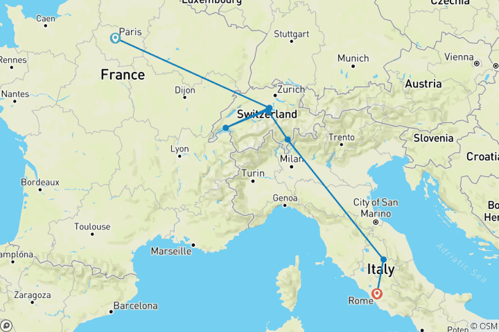 Map of Paris to Rome by Rail