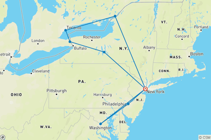 Carte du circuit Chutes du Niagara, 1000 îles, Washington DC, Philadelphie et le pays des Amish 5J/4N (au départ de New York)