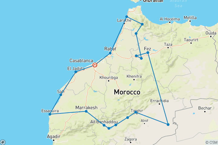 Map of 12-day tour to explore moroccan jewish culture