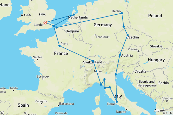 Map of European Encounter (Summer, Start Amsterdam, Classic, 16 Days)