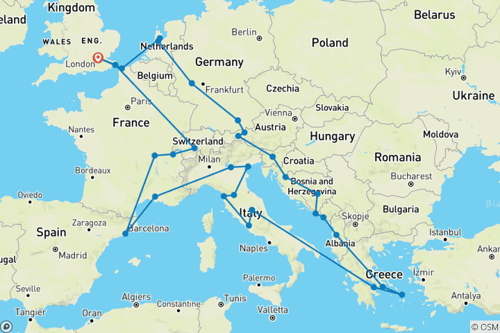 Carte du circuit Aventurier européen (Standard, Départ Paris, 37 jours)