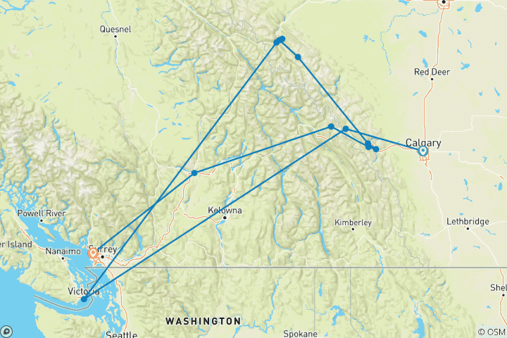 Mapa de Montañas Rocosas de Canadá - base, 8 días (13 destinations)