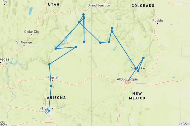 Map of Colourful Trails of the Southwest (End Albuquerque, 10 Days) (17 destinations)