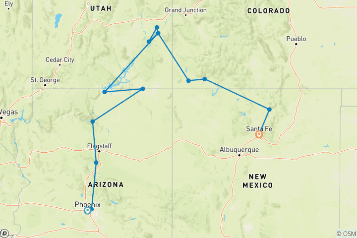 Map of Colourful Trails of the Southwest (End Santa Fe, 10 Days) (including Page)