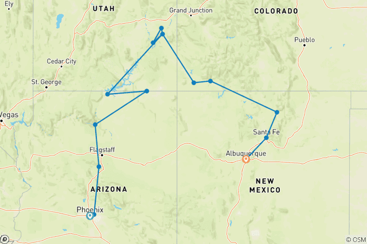 Map of Colourful Trails of the Southwest (Balloon Fiesta, End Albuquerque, 11 Days) (15 destinations)