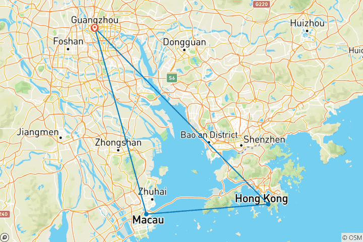 Carte du circuit Circuit en Chine dans la région du Guangdong, de Macao et de Hong Kong  - 7 jours (guide et chauffeur privés）