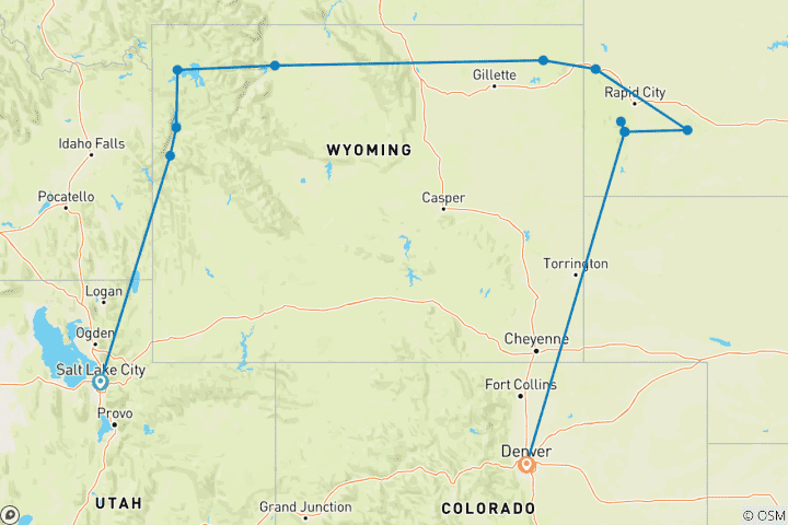 Mapa de Ruta de los Parques Americanos (Grupos pequeños, Fin en Denver, 9 días)