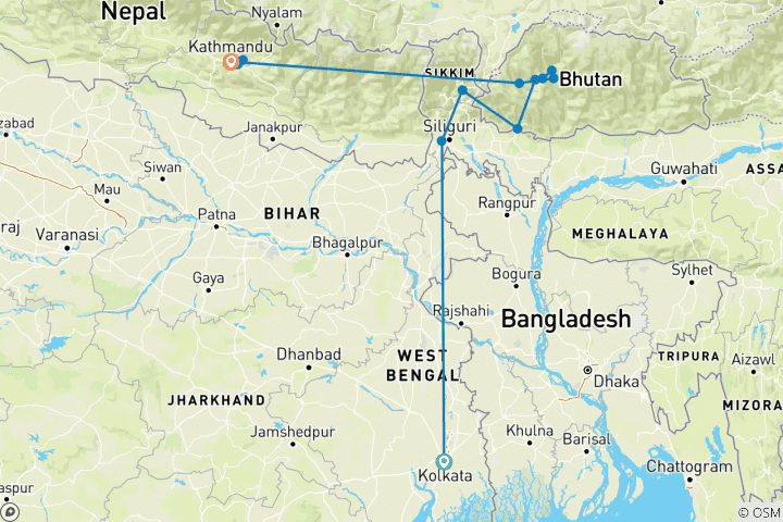 Kaart van Ontdek Noordoost-India, Bhutan en Nepal - Vanaf Kolkata