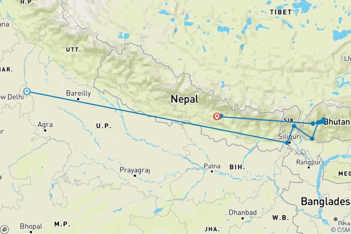 Kaart van Verborgen juweeltjes van de machtige Himalaya – Van Delhi tot Drukyul&verder