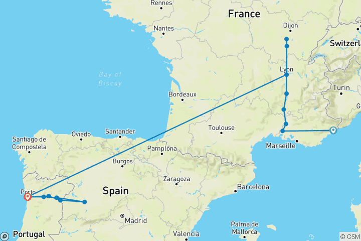 Karte von Entdecken Sie die Flüsse von Frankreich & Portugal 2025|2026 - 15 Tage (von Nizza bis Porto)