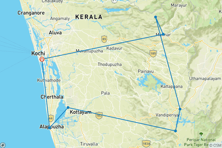 Kaart van Betoverende Rondreis door door Zuid –India vanuit Kochi (Cochin)