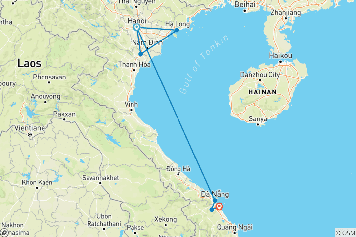 Carte du circuit 8 jours pour découvrir le meilleur du nord et du centre du Vietnam