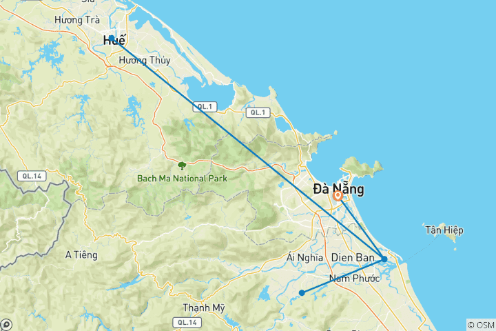 Carte du circuit 5 jours au centre du Vietnam : Danang - Collines Ba Na - Hoi An - Sanctuaire de My Son - Ville impériale de Hue