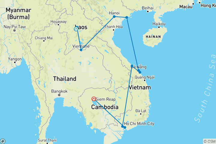 Kaart van Hoogtepunten van Laos - Vietnam - Cambodja 15 dagen