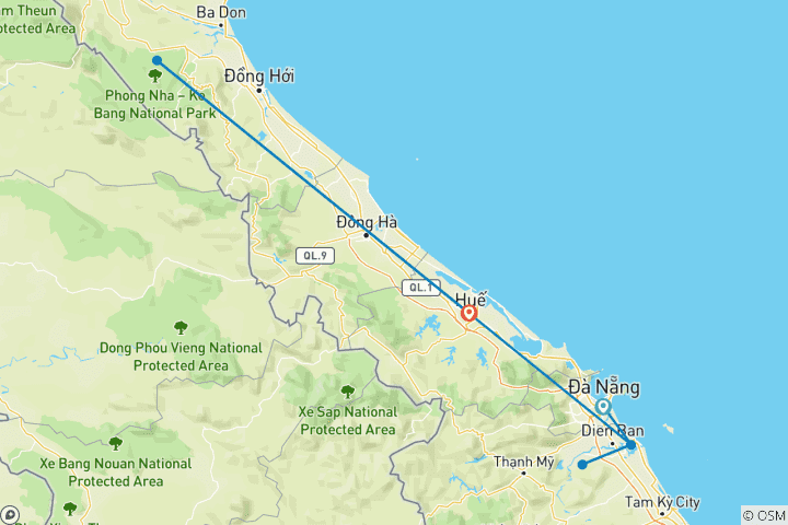 Carte du circuit 9 jours dans le centre du Vietnam : Danang - Hoi An - My Son - Hue - Phong Nha