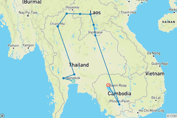 Map of Thailand, Laos and Cambodia Adventure (16 Days, Intra Tour Air Phnom Penh To Siem Reap)