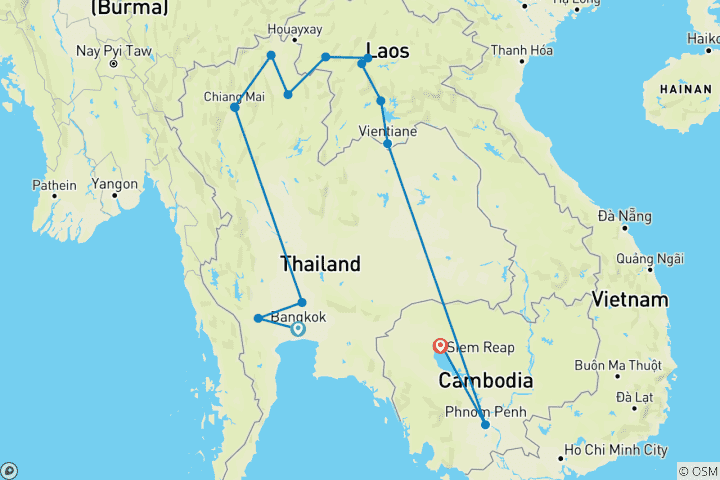 Karte von Thailand, Laos und Kambodscha Abenteuer 16 Tage, Flugpreis Asien Abenteuer) (15 Destinationen)