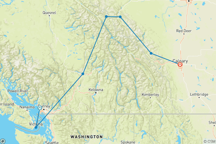 Karte von Spektakuläre kanadische Rocky Mountains (mit Transfer zum Flughafen Calgary und zum Hotel nach der Reise) - 9 Tage