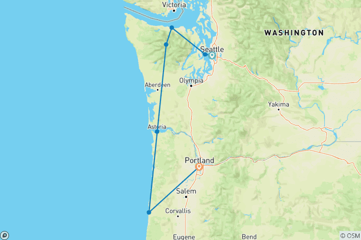 Map of Scenic Seattle, Portland and Oregon Coast (8 Days) (7 destinations)