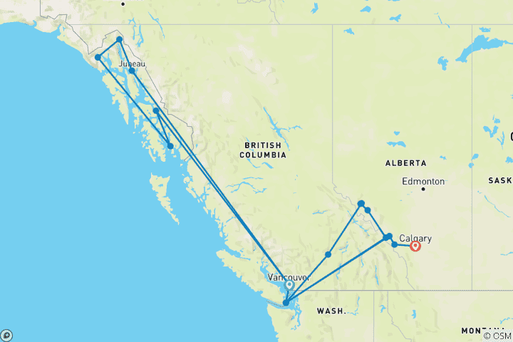 Map of Spectacular Canadian Rockies (16 Days, Spectacular Canadian Rockies Inside Cabin) (17 destinations)