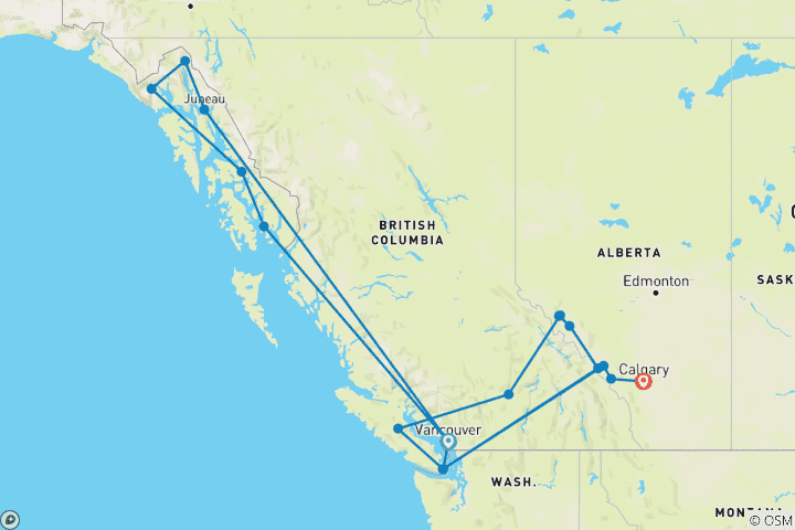 Map of Spectacular Canadian Rockies (16 Days, Spectacular Canadian Rockies Ocean View Cabin) (18 destinations)