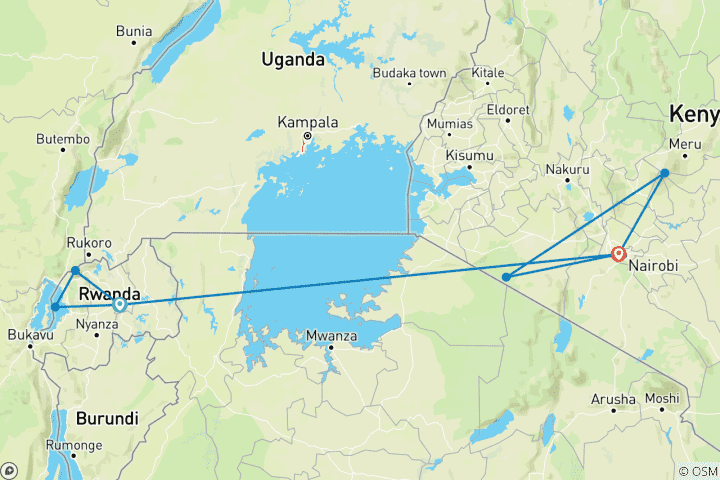 Carte du circuit Aventure de 11 jours au Rwanda, au Kenya et au Maasai Mara.