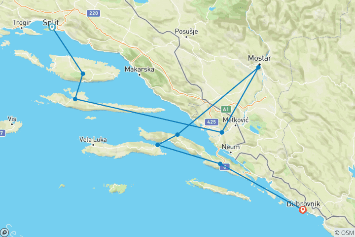 Map of Croatian Coastal Cruising - Split to Dubrovnik (Aurora) (including Brac)