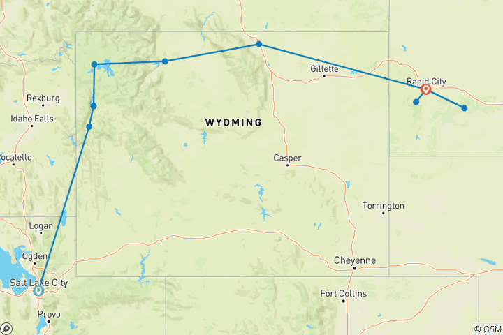 Map of Wild West, Cowboys and Buffalos (End Rapid City, 9 Days)