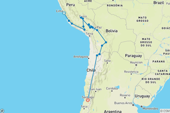 Kaart van De legendarische route van de Inka door Peru, Bolivia en Chili