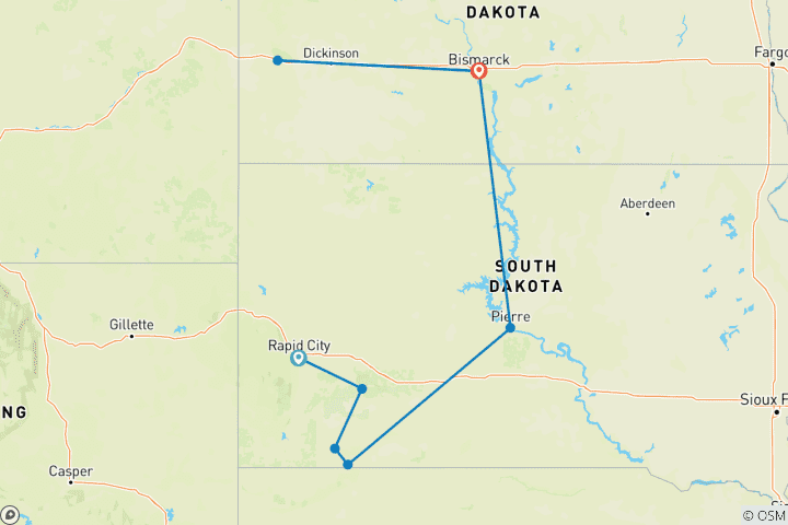 Map of National Parks and Native Trails of the Dakotas (Black Hills Pow Wow, 9 Days)